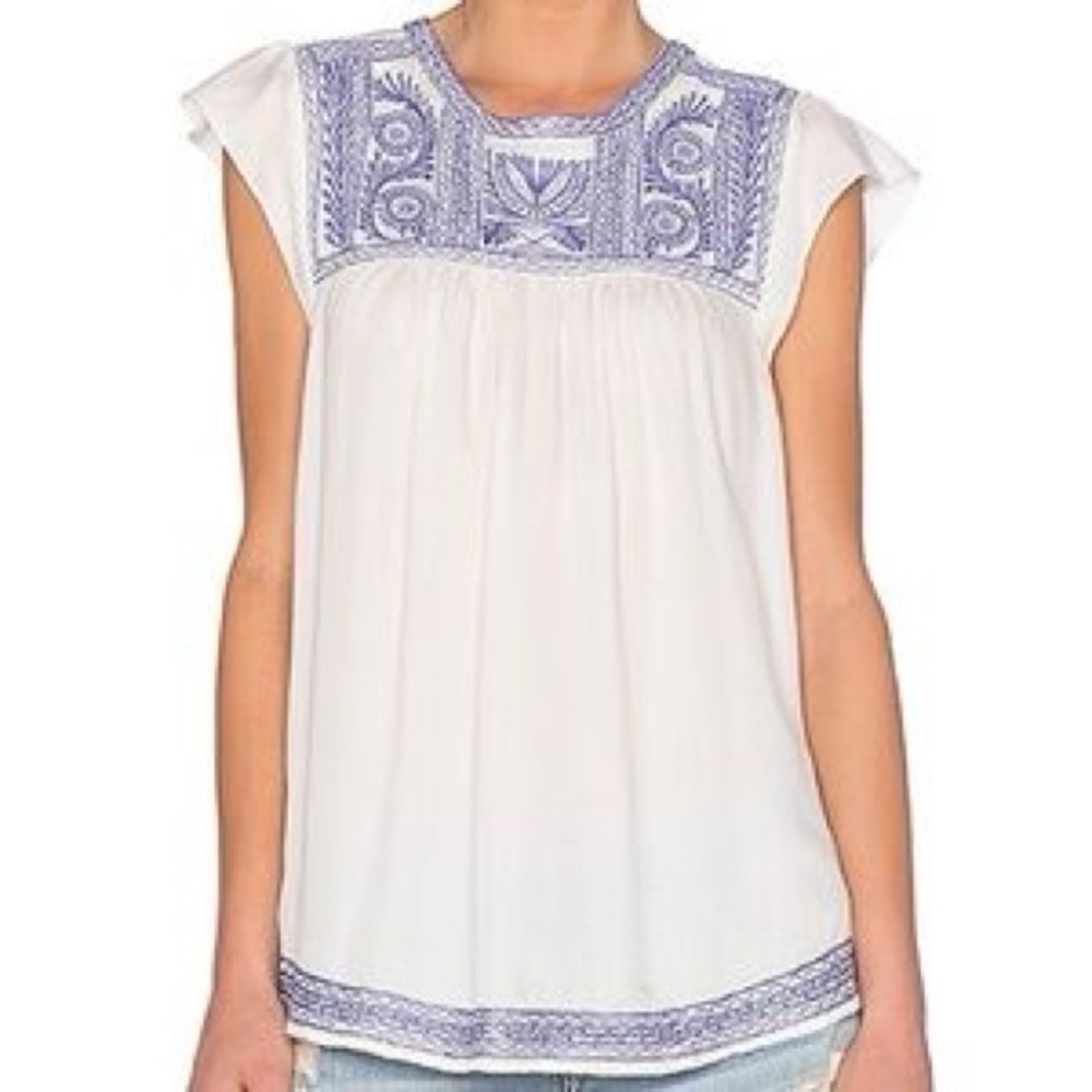 Joie All It Takes Backtwist White and Blue Patterned Blouse Embroidered Tunic